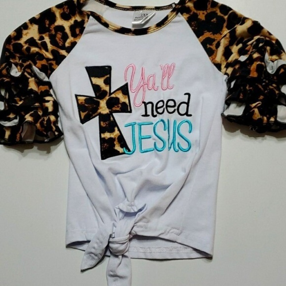 Boutique Leopard Cross Ya'll Need Jesus girl shirt